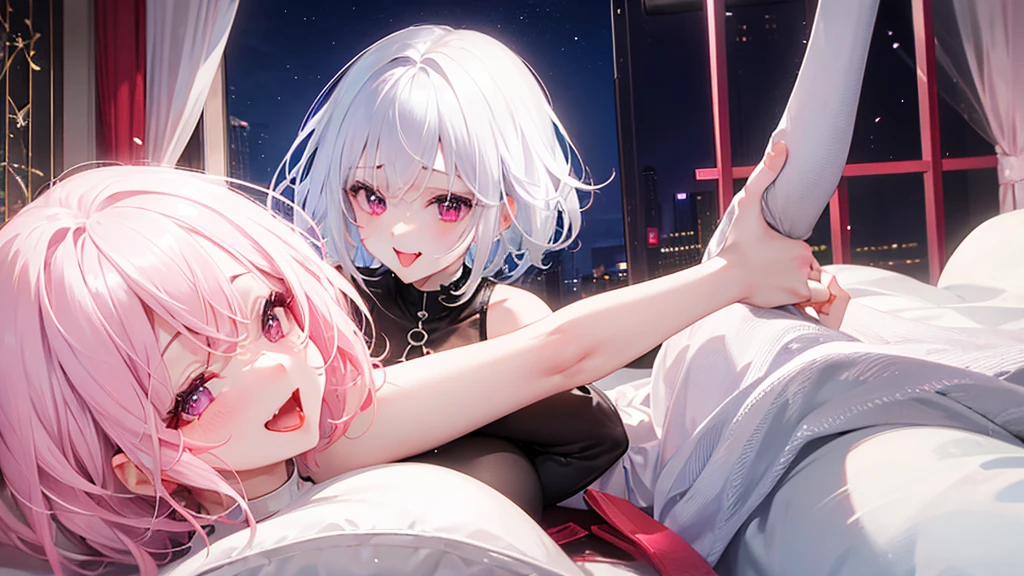 White Hair、Pink Eyes、Short Hair、laughing、Only one girl、alone、Cute、Face is close、Night、laughing、At the bed、Blushing、Erotic、Stick your tongue out、Sweating、Excited