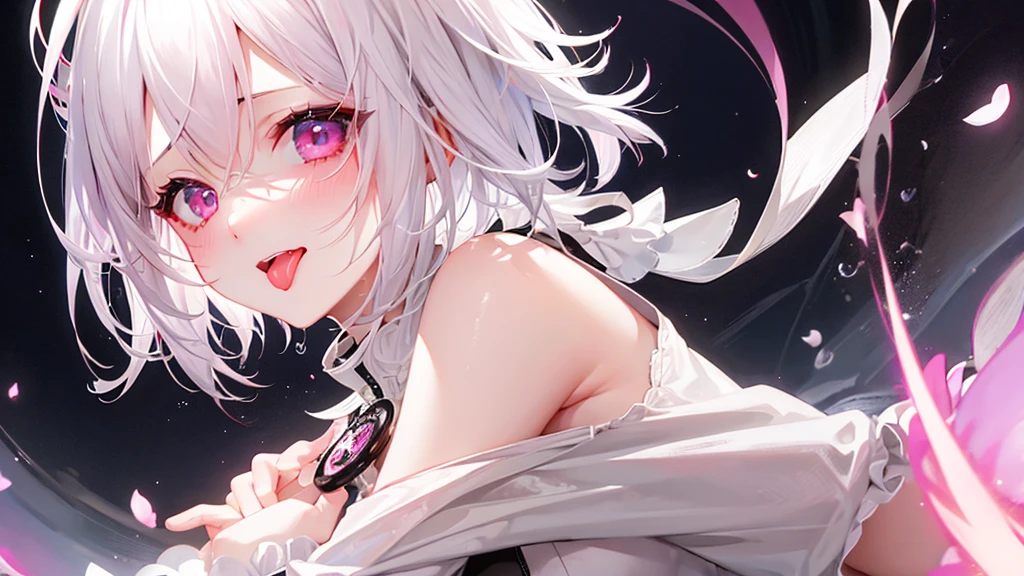 White Hair、Pink Eyes、Short Hair、laughing、Only one girl、alone、Cute、Face is close、Night、laughing、At the bed、Blushing、Erotic、Stick your tongue out、Sweating、Excited