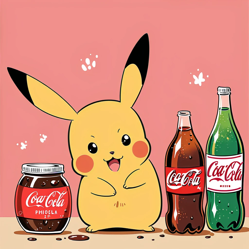 Pikachu hugging a large glass bottle of cola, Pikachu should be holding the bottle tightly with a joyful and content expression. Use a bright and cheerful color palette with soft, painterly strokes. Include details like condensation on the cola bottle, and maybe a little straw sticking out of the top. The background can be simple
