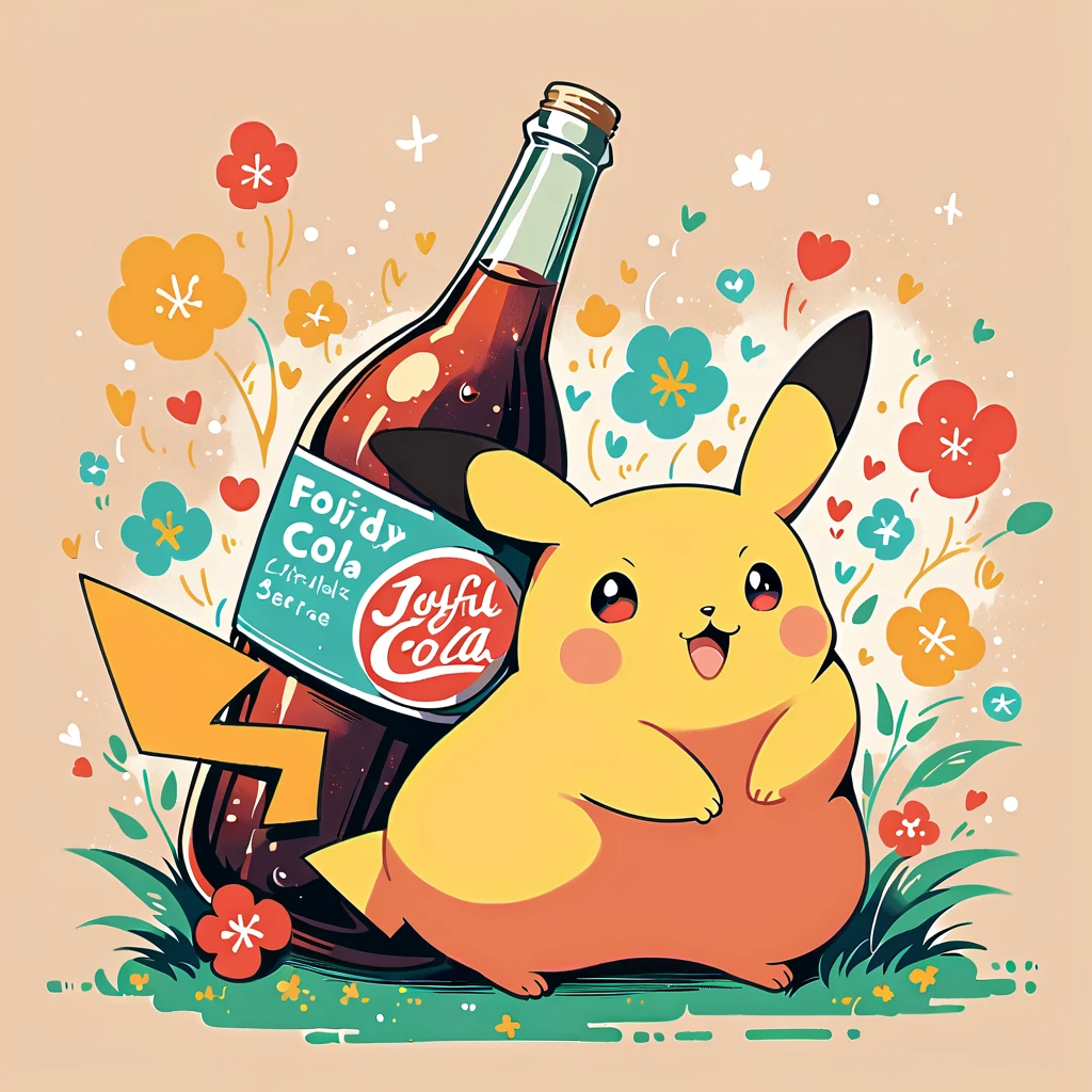 Pikachu hugging a large glass bottle of cola, Pikachu should be holding the bottle tightly with a joyful and content expression. Use a bright and cheerful color palette with soft, painterly strokes. Include details like condensation on the cola bottle, and maybe a little straw sticking out of the top. The background can be simple