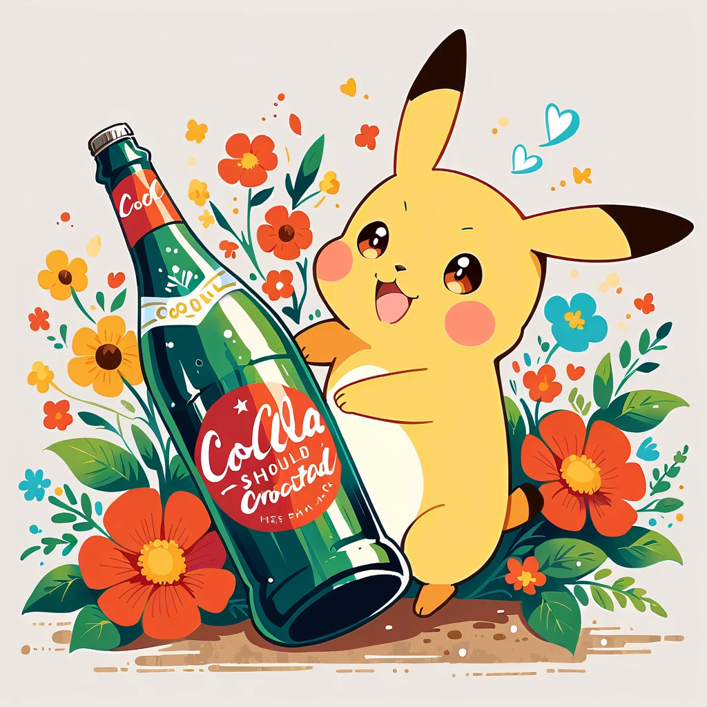 Pikachu hugging a large glass bottle of cola, Pikachu should be holding the bottle tightly with a joyful and content expression. Use a bright and cheerful color palette with soft, painterly strokes. Include details like condensation on the cola bottle, and maybe a little straw sticking out of the top. The background can be simple

