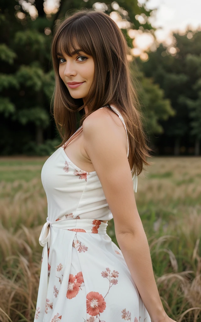 smiling happy, field in the background, nightime, highest quality, masterpiece, High resolution, Realistic, RAW Photos, 8k wallpaper, perfection, Professional Lighting, Very detailed, Depth of written boundary, ((One beautiful woman)), 40 years old, (Sexy Woman), ((white and red floral dress)), Upper body shot above the waist, Standing straight with good posture, ((Looking at the camera)), Detailed face and skin texture, Detailed eyes, at the park, bangs, Shapely breasts, Light brown straight hair, Medium length straight hair that falls to the shoulders, Faint lips