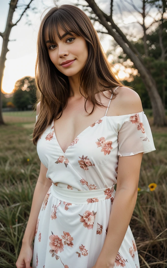 smiling happy, field in the background, nightime, highest quality, masterpiece, High resolution, Realistic, RAW Photos, 8k wallpaper, perfection, Professional Lighting, Very detailed, Depth of written boundary, ((One beautiful woman)), 40 years old, (Sexy Woman), ((white and red floral dress)), Upper body shot above the waist, Standing straight with good posture, ((Looking at the camera)), Detailed face and skin texture, Detailed eyes, at the park, bangs, Shapely breasts, Light brown straight hair, Medium length straight hair that falls to the shoulders, Faint lips