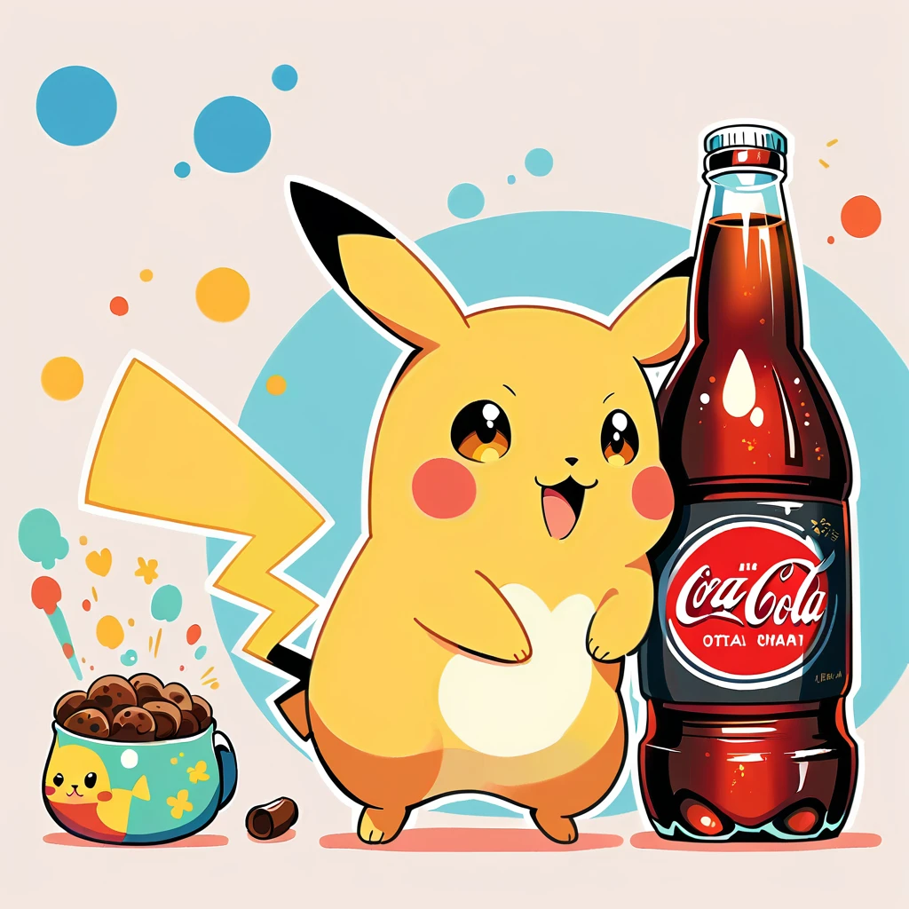 Pikachu hugging a large glass bottle of cola, Pikachu should be holding the bottle tightly with a joyful and content expression. Use a bright and cheerful color palette with soft, painterly strokes. Include details like condensation on the cola bottle, and maybe a little straw sticking out of the top. The background can be simple