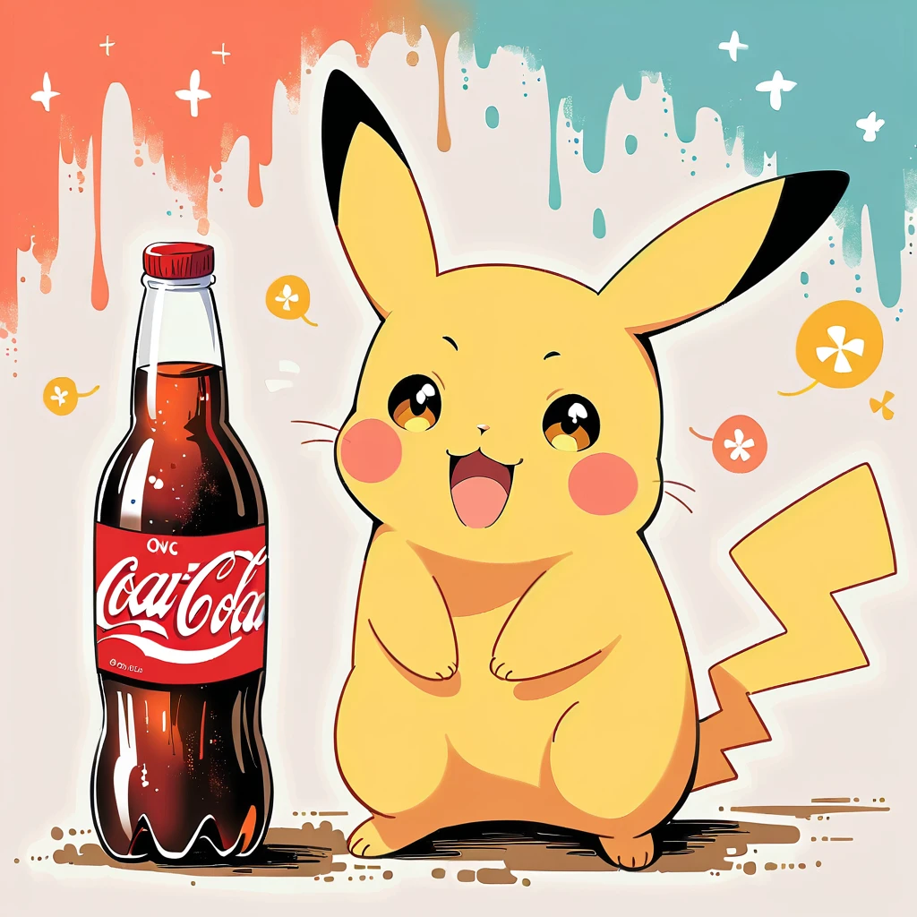 Pikachu hugging a large glass bottle of cola, Pikachu should be holding the bottle tightly with a joyful and content expression. Use a bright and cheerful color palette with soft, painterly strokes. Include details like condensation on the cola bottle, and maybe a little straw sticking out of the top. The background can be simple