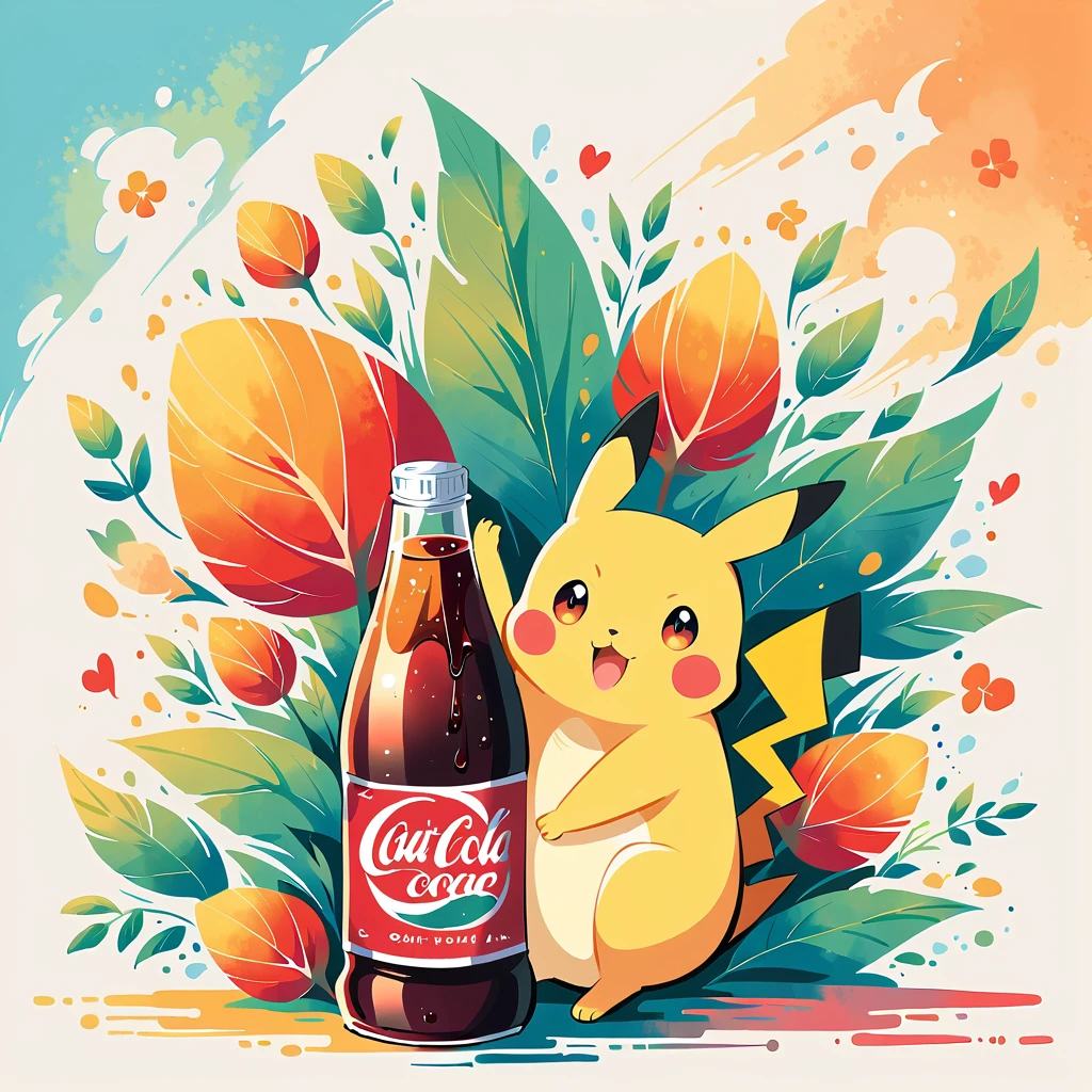Pikachu hugging a large glass bottle of cola, Pikachu should be holding the bottle tightly with a joyful and content expression. Use a bright and cheerful color palette with soft, painterly strokes. Include details like condensation on the cola bottle, and maybe a little straw sticking out of the top. The background can be simple