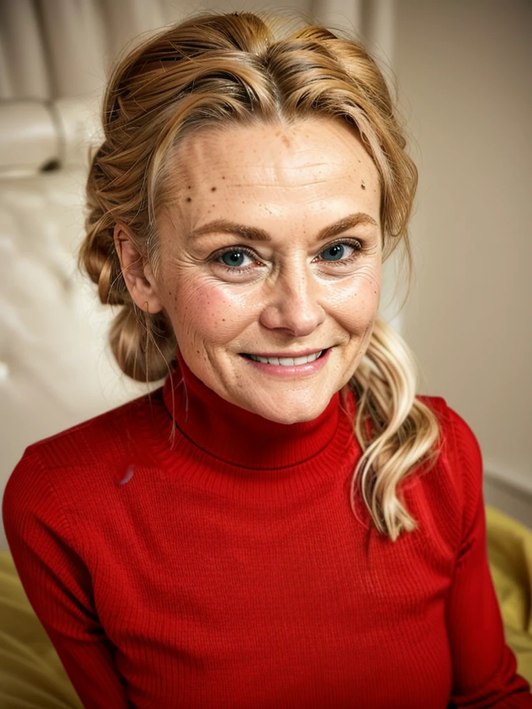 photo of a skinny very old wrinkly-faced faced mature blonde messy long hair thrown into a messy bun ponytail. She wears: (turtleneck soft high ribbed bright red super tight sweater:1.1), submissive seductive pose, high tight ribbed neck, seductive smile, perfect fake tits, horny eager granny, teasing sexy old lady, cum on her face, drenched in cum facial