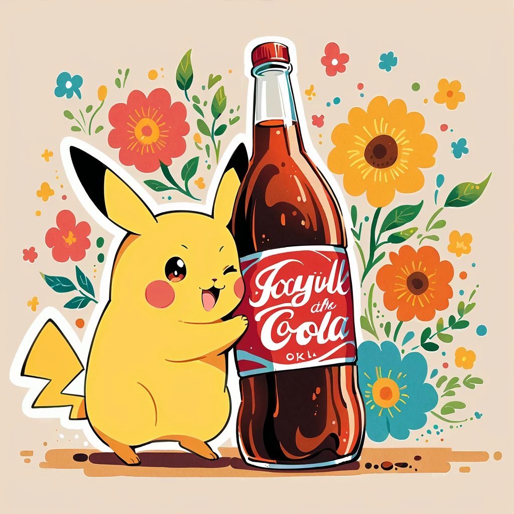 Pikachu hugging a large glass bottle of cola, Pikachu should be holding the bottle tightly with a joyful and content expression. Use a bright and cheerful color palette with soft, painterly strokes. Include details like condensation on the cola bottle, and maybe a little straw sticking out of the top. The background can be simple
