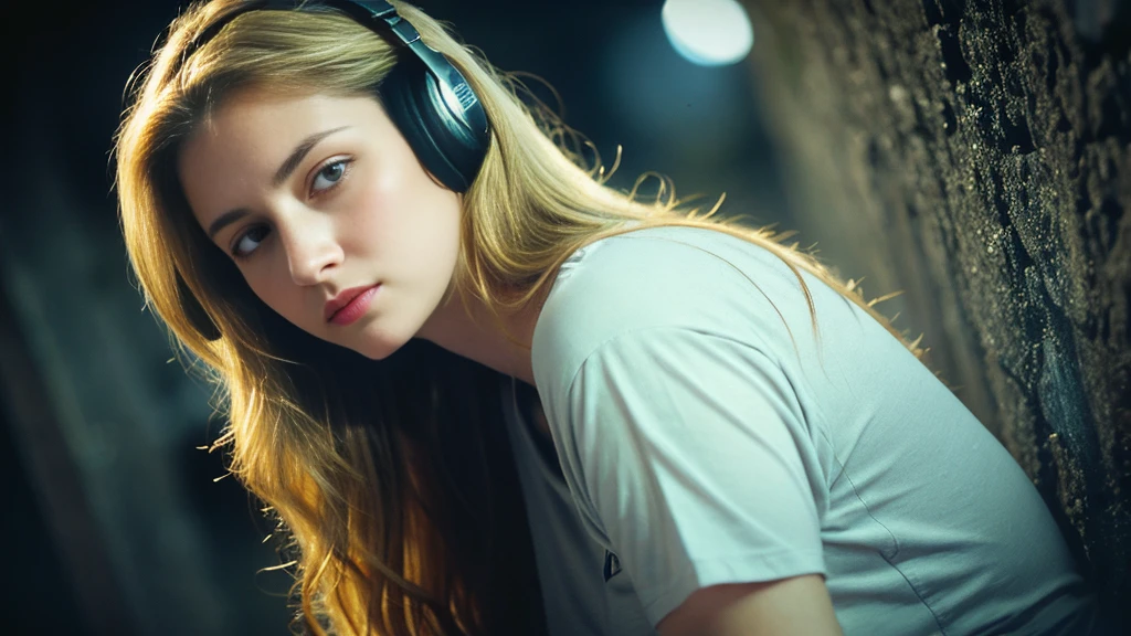 Beautiful blonde with big breasts in a black T-shirt (Sitting in tears in the dark ruins),Wearing headphones,Very detailed, 21 years old, Innocent face, Naturally Wavy Hair, blue eyes, High resolution, masterpiece, Highest quality, Intricate details, Very detailed, Clear focus, Delicate skin, practical skin texture, texture, Delicate eyes, Professional, 4K, Sad crying face, Shot with Canon, 85mm, Shallow and deep, Kodak Vision Color, Exactly, Very detailed, photograph_\(Extremist\), photographpractical, practical, Post-processing, Maximum details, Roughness, Real Life, Extremist practical, Photorealism, photographgraphy, 8K Ultra HD, photographgraphy