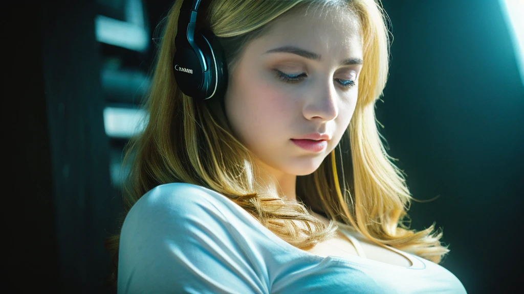 Beautiful blonde with big breasts in a black T-shirt (Sitting in tears in the dark ruins),Wearing headphones,Very detailed, 21 years old, Innocent face, Naturally Wavy Hair, blue eyes, High resolution, masterpiece, Highest quality, Intricate details, Very detailed, Clear focus, Delicate skin, practical skin texture, texture, Delicate eyes, Professional, 4K, Sad crying face, Shot with Canon, 85mm, Shallow and deep,  Kodak Vision Color, Exactly, Very detailed, photograph_\(Extremist\), photographpractical, practical, Post-processing, Maximum details, Roughness, Real Life, Extremist practical, Photorealism, photographgraphy, 8K Ultra HD, photographgraphy