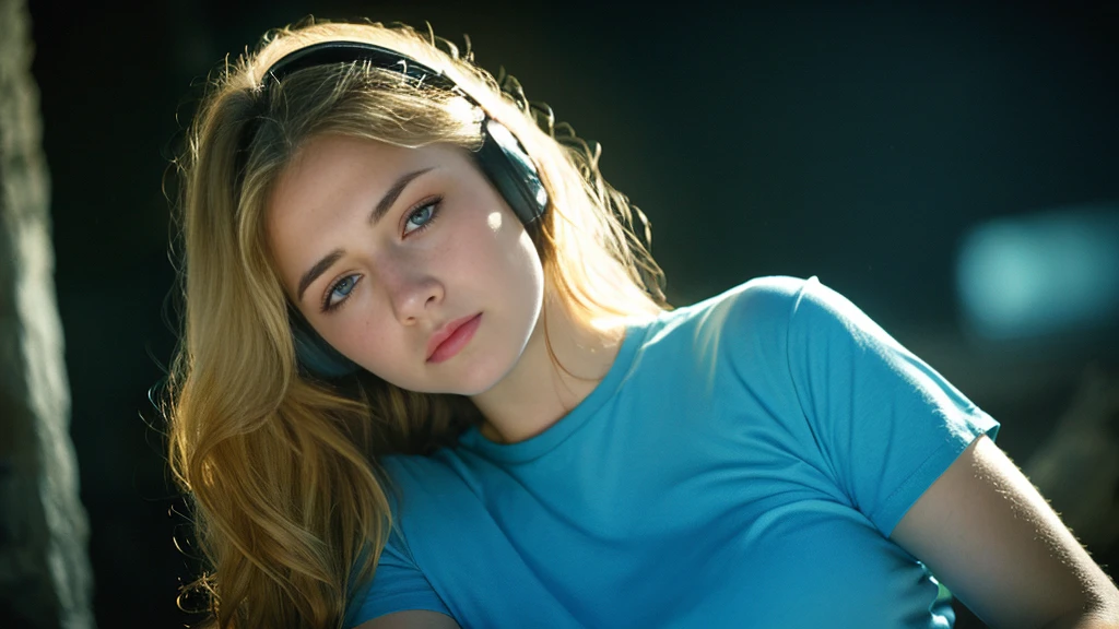 Beautiful blonde with big breasts in a black T-shirt (Sitting in tears in the dark ruins),Wearing headphones,Very detailed, 21 years old, Innocent face, Naturally Wavy Hair, blue eyes, High resolution, masterpiece, Highest quality, Intricate details, Very detailed, Clear focus, Delicate skin, practical skin texture, texture, Delicate eyes, Professional, 4K, Sad crying face, Shot with Canon, 85mm, Shallow and deep,  Kodak Vision Color, Exactly, Very detailed, photograph_\(Extremist\), photographpractical, practical, Post-processing, Maximum details, Roughness, Real Life, Extremist practical, Photorealism, photographgraphy, 8K Ultra HD, photographgraphy
