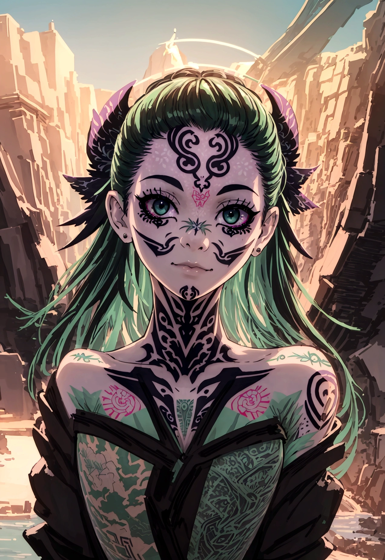 (photorealestic:1.38)、A masterpice、best quality、(with intricate details:1.2)、(landscapes:1.3)、solo、facefocus、(close-ups:0.8)、UltraHighResolution、Right Anatomy、Detailed skin、beautifull face、Mint green hair a 1 girl、Girl in patterned jacket、Detailed anime eyes、(Take a look at Veiwer:1.2)、(face tattoos:1.3)、(tattooed:1.2)、(Black Angel Wings)、Angel Halo、 Rainy Cyberpunk Street、cyberpank、 (Ink wash)、chaos
