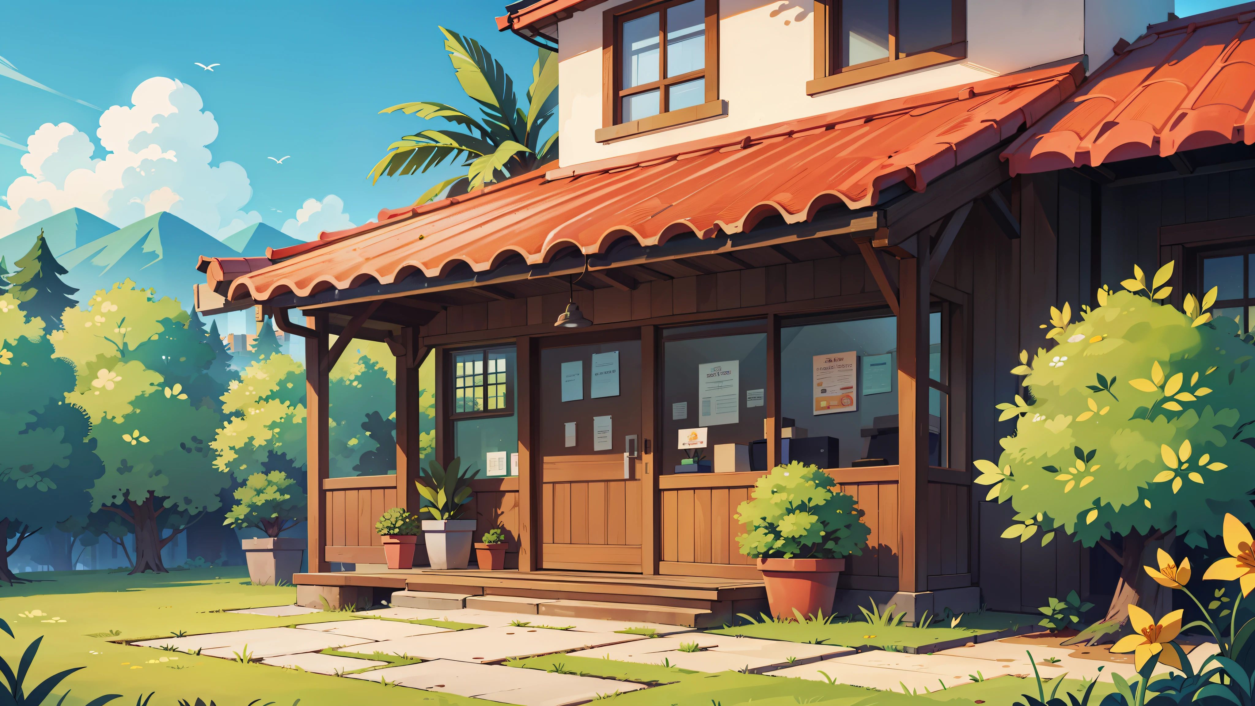 there is a building, bright sunny, some plants, front