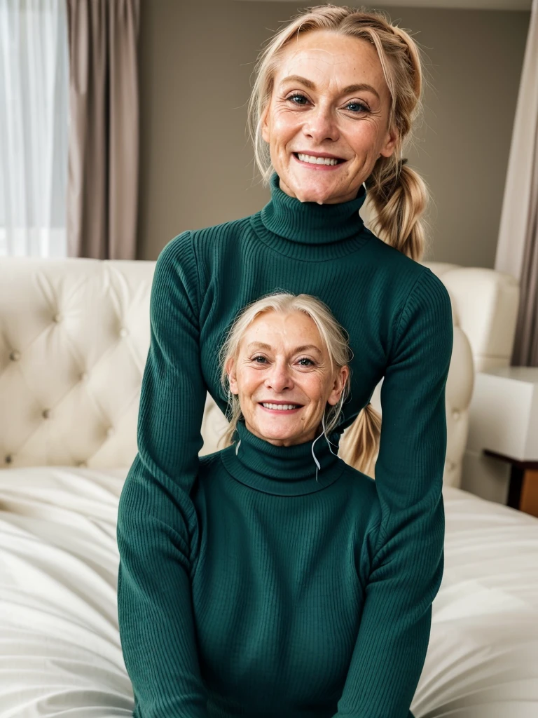 photo of a skinny very old wrinkly-faced faced mature blonde messy long hair thrown into a messy bun ponytail. She wears: (turtleneck soft high ribbed dark green super tight sweater:1.1), submissive seductive pose, high tight ribbed neck, seductive smile, perfect fake tits, horny eager granny, teasing sexy old lady, cum on her face, drenched in cum facial