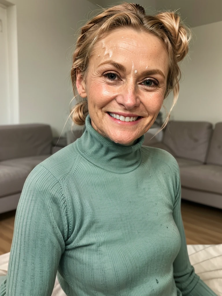 photo of a skinny very old wrinkly-faced faced mature blonde messy long hair thrown into a messy bun ponytail. She wears: (turtleneck soft high ribbed dark green super tight sweater:1.1), submissive seductive pose, high tight ribbed neck, seductive smile, perfect fake tits, horny eager granny, teasing sexy old lady, cum on her face, drenched in cum facial