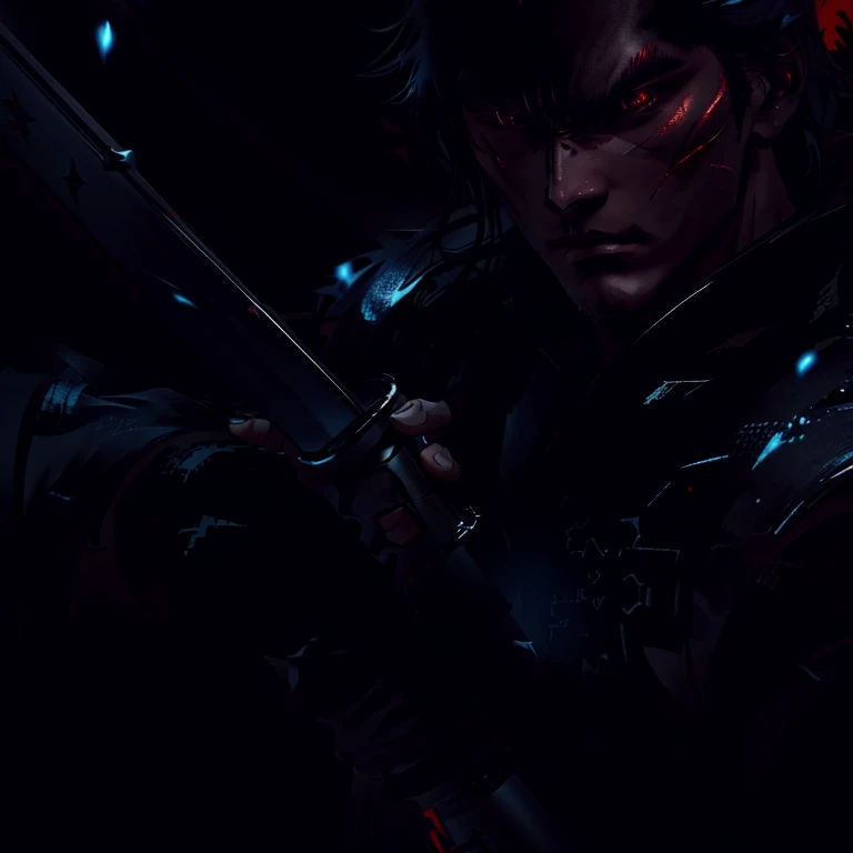 a close up of a person holding a sword in a dark room, badass anime 8 k, handsome guy in demon slayer art, inspired by Kanō Hōgai, swordsman, with large sword, by Yang J, 8k high quality detailed art, tsurumaki kazuya, very beautiful cyberpunk samurai, holds a black sword