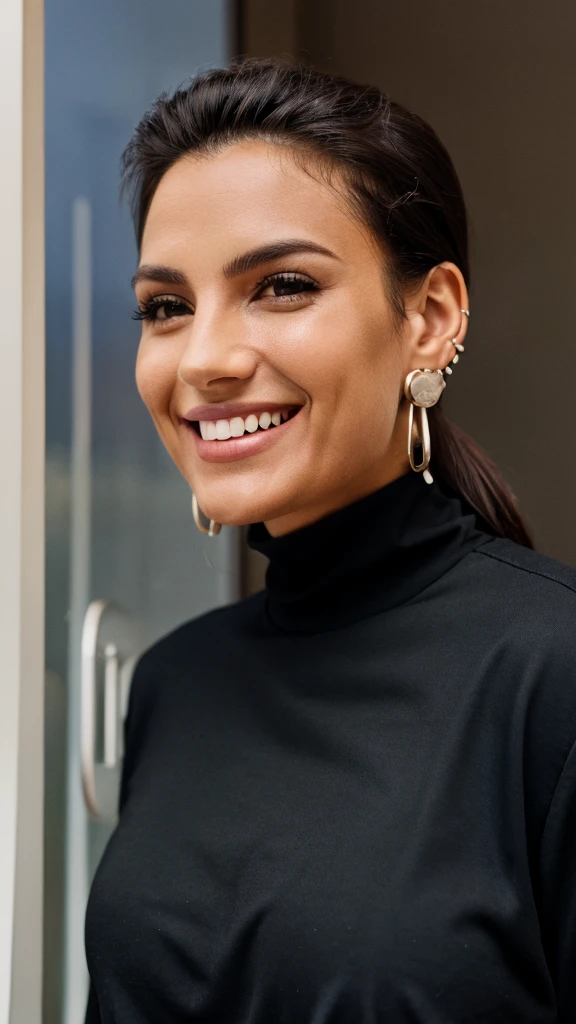 naughty man, in black clothes. Wearing earrings and smiling . selfe.