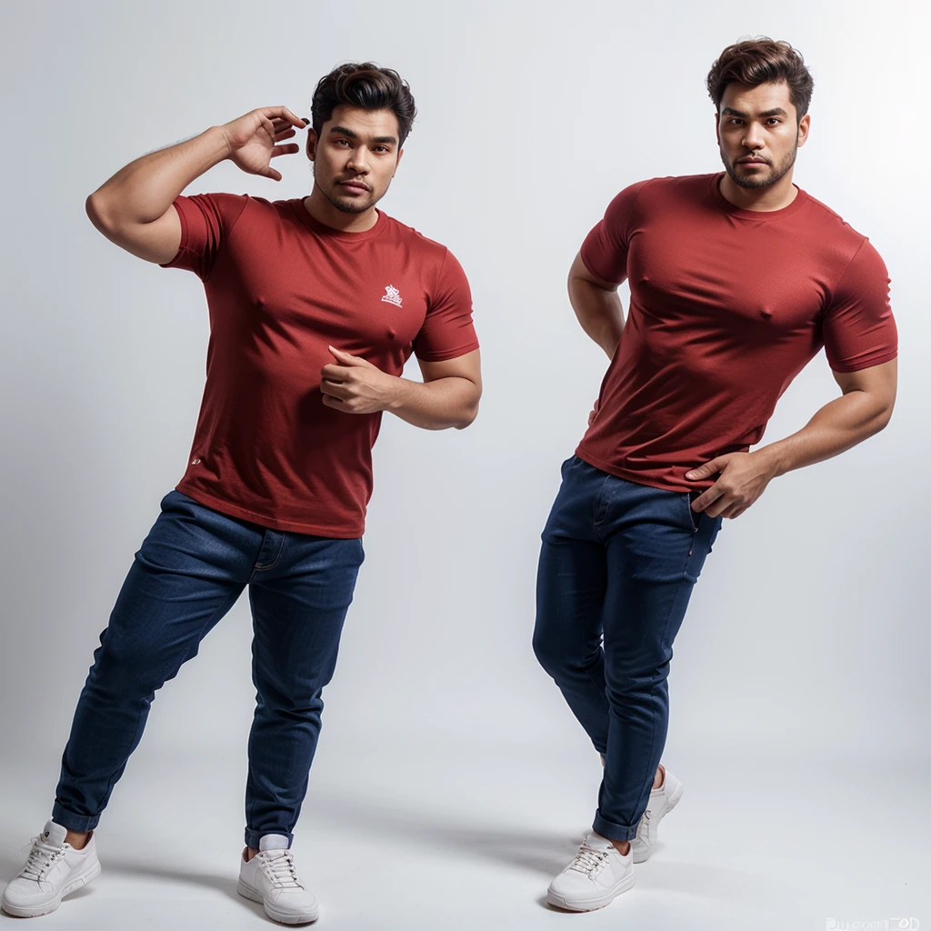 "3D caricature with a big head, An Indonesian male, around 25 years old, rather long and thick wavy hair, buckteeth, wide lips, medium build, wearing a short-sleeved red shirt, looks a bit big for his body wearing blue trousers , trousers above the stomach, light brown beefroll style shoes, posing standing facing the camera, white background.