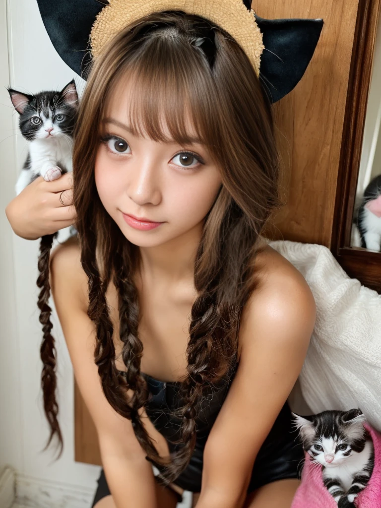 (:1.3), (blush, turn to the side、embarrassed expression:1.26)、Raw photo、(((Ultimate beauty full body photo shoot)))、((glowing skin))、1 girl、 (((Super sexy and super cute Japanese dark skinned gal)))、big breasts、young、Young Face、bright look、detailed face、((Dreadlocks))、View from the floor、(((Cat costume)))))、(((A cute room filled with cute kittens))))、counter point shot、((Super detailed))、(Perfectly detailed face)、(fine hands)、(finger details)、(good human structure)、A photorealistic masterpiece、最high quality、Super detailed、film light、intricate details、High resolution、very detailed))、detailed background、8KUHD、Digital single-lens reflex camera、soft light、high quality、film grain、Fujifilm XT3 、shallow depth of field、natural soft light、Kamimei、bedroom、 (((Super sexy and super cute Japanese dark skinned gal)))、(((A girl surrounded by lots of cute kittens)))