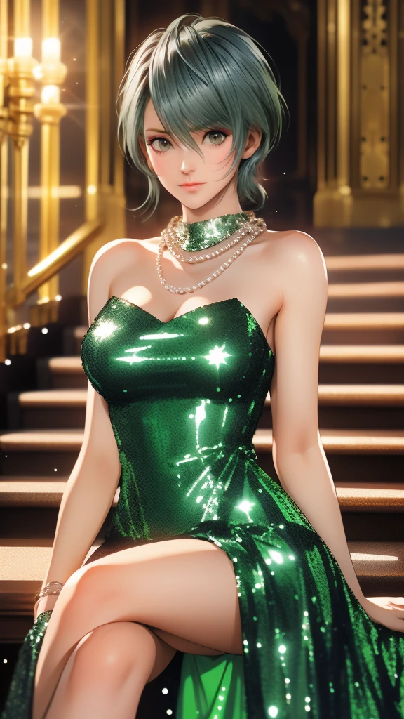 1woman, tamaki, green short hair, green eyes, hair between eyes, detailed eyes, Long eyelashes, (silver sequined dress:1.3), squinting, blush, Pearl Necklace, sitting on the grand staircase