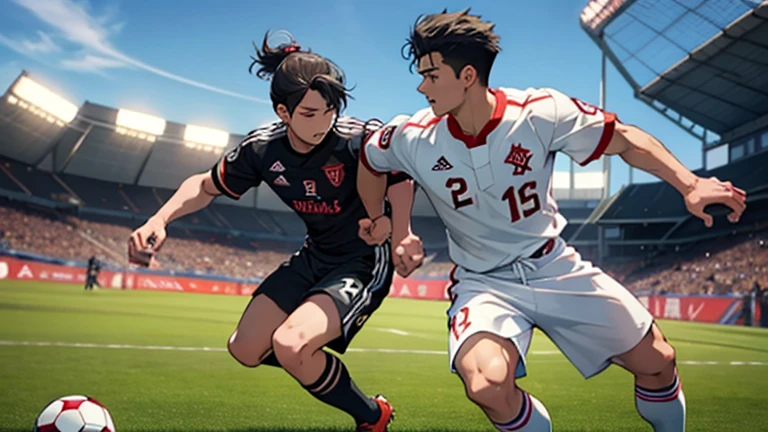 “Create a realistic image of Shohei Ohtani and Takefusa Kubo facing off in a soccer match. Shohei Ohtani should be depicted wearing a soccer uniform and actively engaged in the game, perhaps dribbling the ball or challenging for possession. Takefusa Kubo should also be in a soccer uniform, positioned as a defender or midfielder, closely contesting Ohtani for the ball. The background should feature a packed soccer stadium with excited fans, capturing the intensity and competition of the match. Emphasize the athleticism and focus of both players as they compete against each other.”