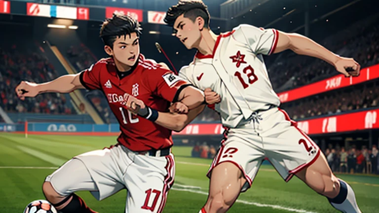 “Create a realistic image of Shohei Ohtani and Takefusa Kubo facing off in a soccer match. Shohei Ohtani should be depicted wearing a soccer uniform and actively engaged in the game, perhaps dribbling the ball or challenging for possession. Takefusa Kubo should also be in a soccer uniform, positioned as a defender or midfielder, closely contesting Ohtani for the ball. The background should feature a packed soccer stadium with excited fans, capturing the intensity and competition of the match. Emphasize the athleticism and focus of both players as they compete against each other.”