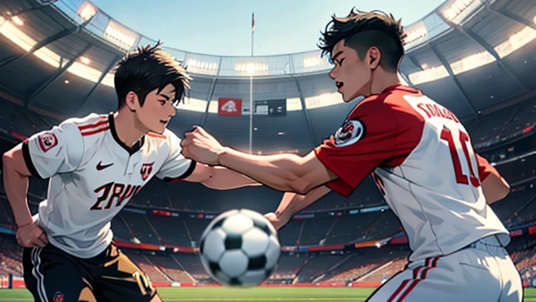 “Create a realistic image of Shohei Ohtani and Takefusa Kubo facing off in a soccer match. Shohei Ohtani should be depicted wearing a soccer uniform and actively engaged in the game, perhaps dribbling the ball or challenging for possession. Takefusa Kubo should also be in a soccer uniform, positioned as a defender or midfielder, closely contesting Ohtani for the ball. The background should feature a packed soccer stadium with excited fans, capturing the intensity and competition of the match. Emphasize the athleticism and focus of both players as they compete against each other.”