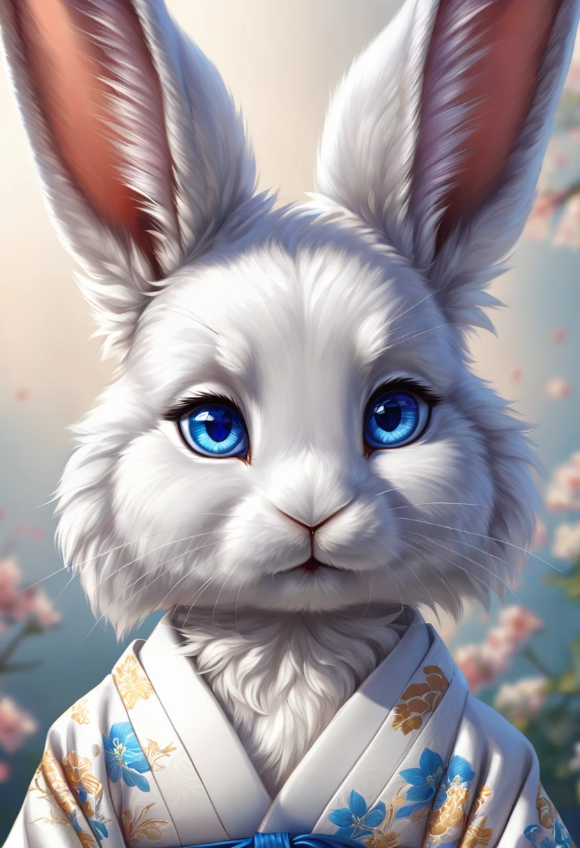 High quality, Extremely detailed, (furry) ((rabbit)) male, blue eyes, symmetrical perfect face fine detail, White kimono