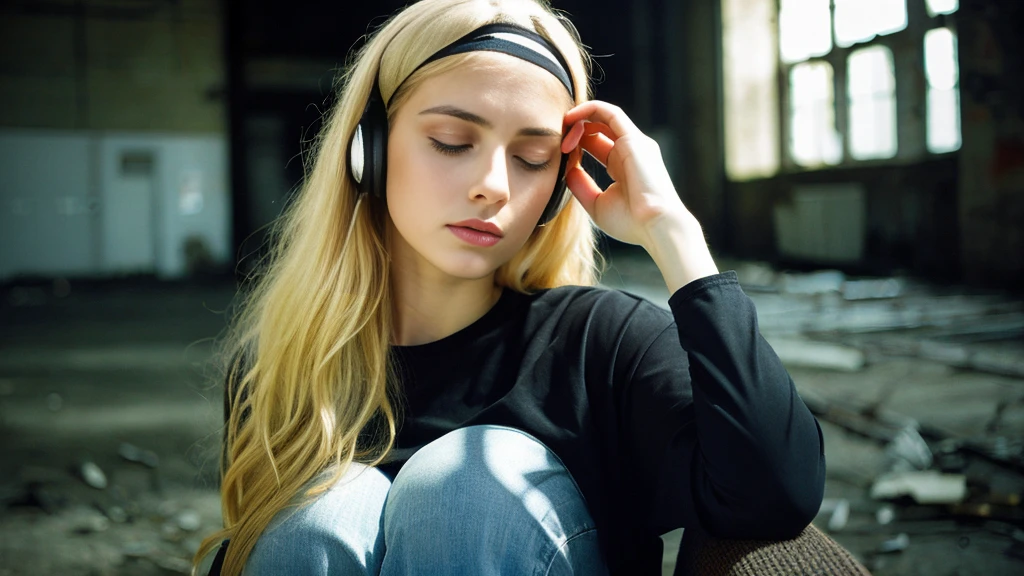 Beautiful blonde with big breasts in a black T-shirt (She is sitting in a dark abandoned building, covering her eyes with a black hairband and crying.),Wearing headphones,Very detailed, 21 years old, Innocent face, Naturally Wavy Hair, blue eyes, High resolution, masterpiece, Highest quality, Intricate details, Very detailed, Clear focus, Delicate skin, practical skin texture, texture, Delicate eyes, Professional, 4K, Sad crying face, Shot with Canon, 85mm, Shallow and deep,  Kodak Vision Color, Exactly, Very detailed, photograph_\(Extremist\), photographpractical, practical, Post-processing, Maximum details, Roughness, Real Life, Extremist practical, Photorealism, photographgraphy, 8K Ultra HD, photographgraphy