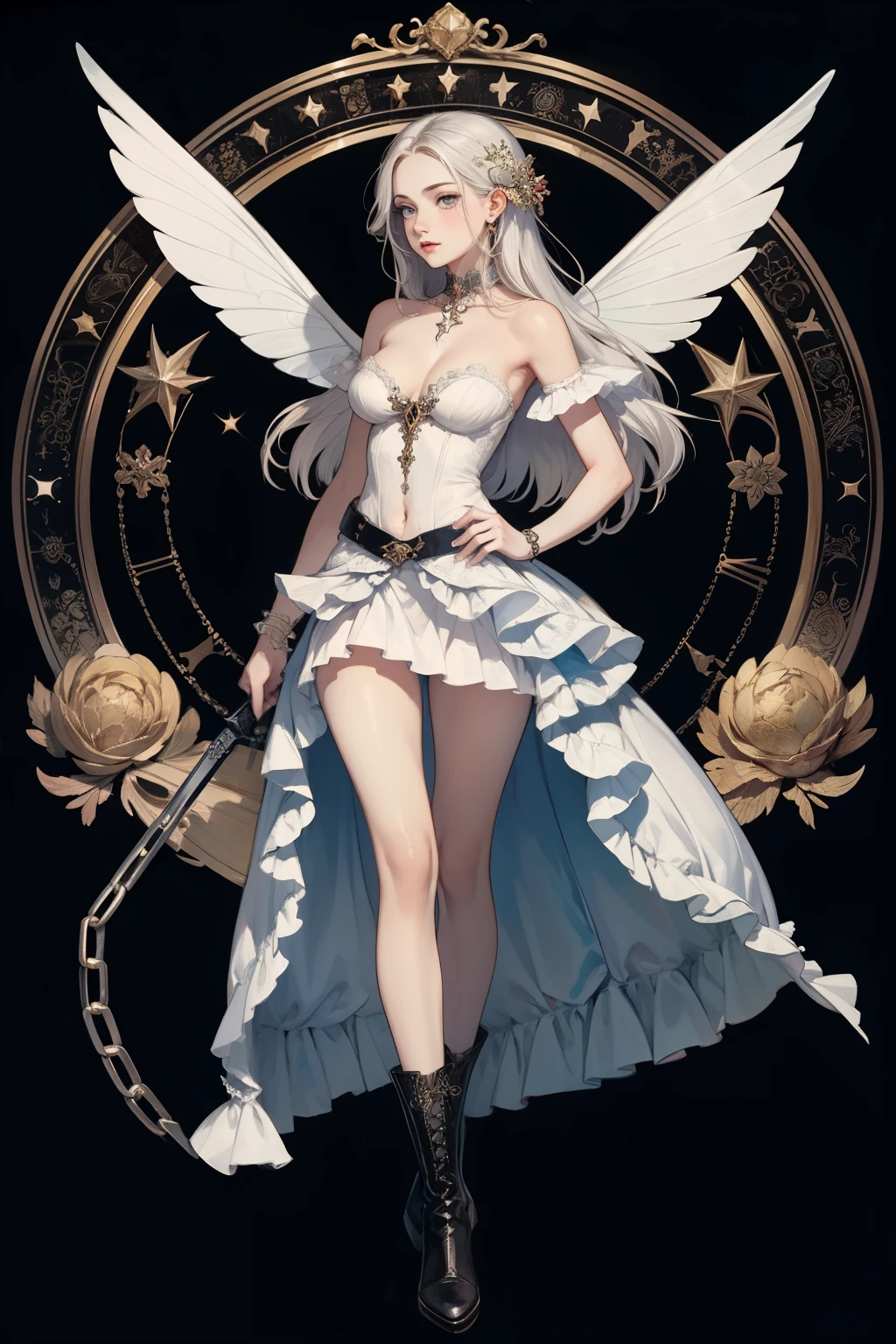 ((best quality)), ((masterpiece)), (detailed), 1girl, Character design, female, astrology, astrological symbolism, star reading, celestrial theme, heavens, heavens above, constellations, dynamic poses, long white grey hair, grey white eyes, very skinny, detailed, best quality, no accesoires around the neck, no shoes, prominent collarbones, skinny arms, flat stomach, visible hip bones, full body, blank white background, plain background, white background, red and white clothing, Bloodborne inspired, occult aesthetic, occult, detailed and intricate steampunk and detailed gothic, NSFW, Fluttering lace flared long knee length dress with frilly petticoats, knee length dress, pleated petticoats, petticoats gothic, complex lace boots, gothic aesthetic, wielding a mighty sword with mechanical components, mandalas, small breasts, a fairy, various different types of insect wings, beetle wings, NSFW, full body, whole body, body, chains,