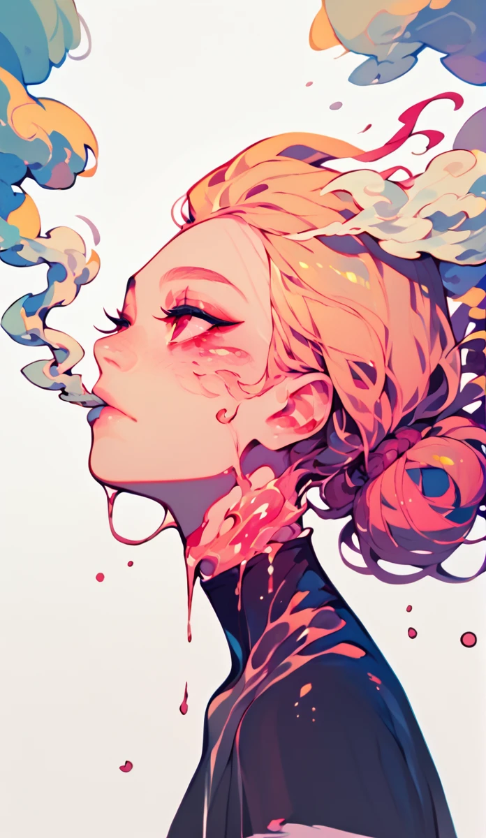 did vaporwave style, solo, 1girl, female, water, white background, red eyes, simple background, from side, glitching, smoke surrounding her, in tatters, score_9, score_8_up, score_7_up, score_6_up, score_5_up, score_4_up