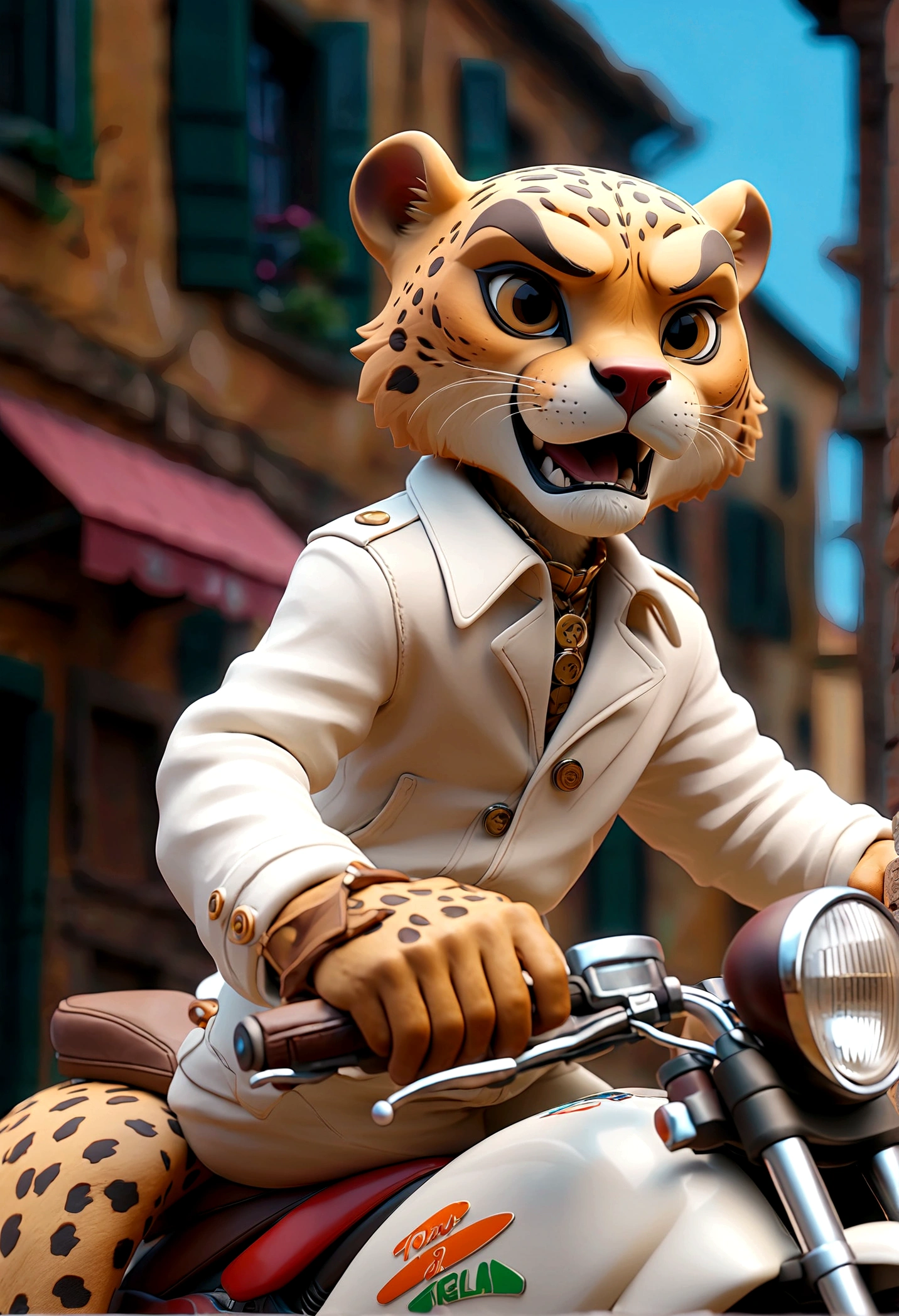 3D anime style, A cheetah man in a white jacket, Riding a motorcycle, Italian town