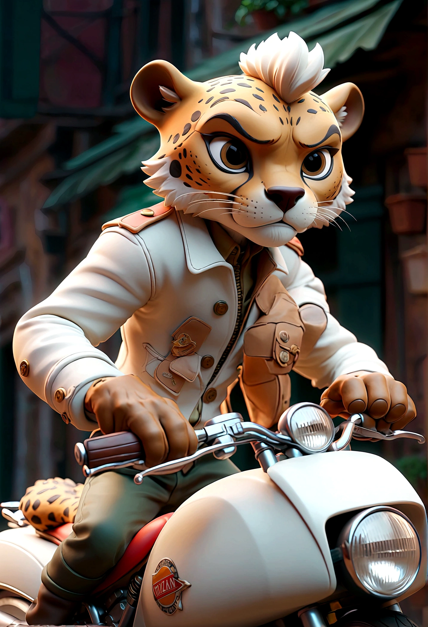 3D anime style, A cheetah man in a white jacket, Riding a motorcycle, Italian town