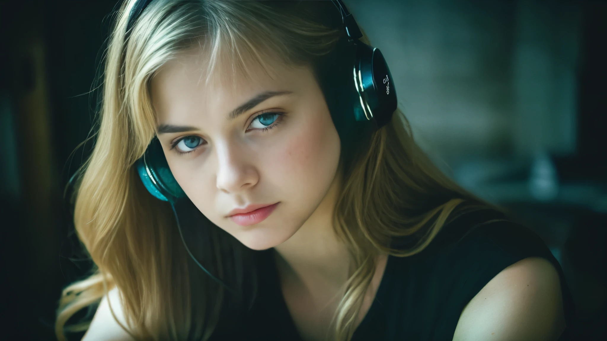 Beautiful blonde with big breasts in a black T-shirt (Sitting in tears in the dark ruins),Wearing headphones,Very detailed, 21 years old, Innocent face, Naturally Wavy Hair, blue eyes, High resolution, masterpiece, Highest quality, Intricate details, Very detailed, Clear focus, Delicate skin, practical skin texture, texture, Delicate eyes, Professional, 4K, Sad crying face, Shot with Canon, 85mm, Shallow and deep, Kodak Vision Color, Exactly, Very detailed, photograph_\(Extremist\), photographpractical, practical, Post-processing, Maximum details, Roughness, Real Life, Extremist practical, Photorealism, photographgraphy, 8K Ultra HD, photographgraphy