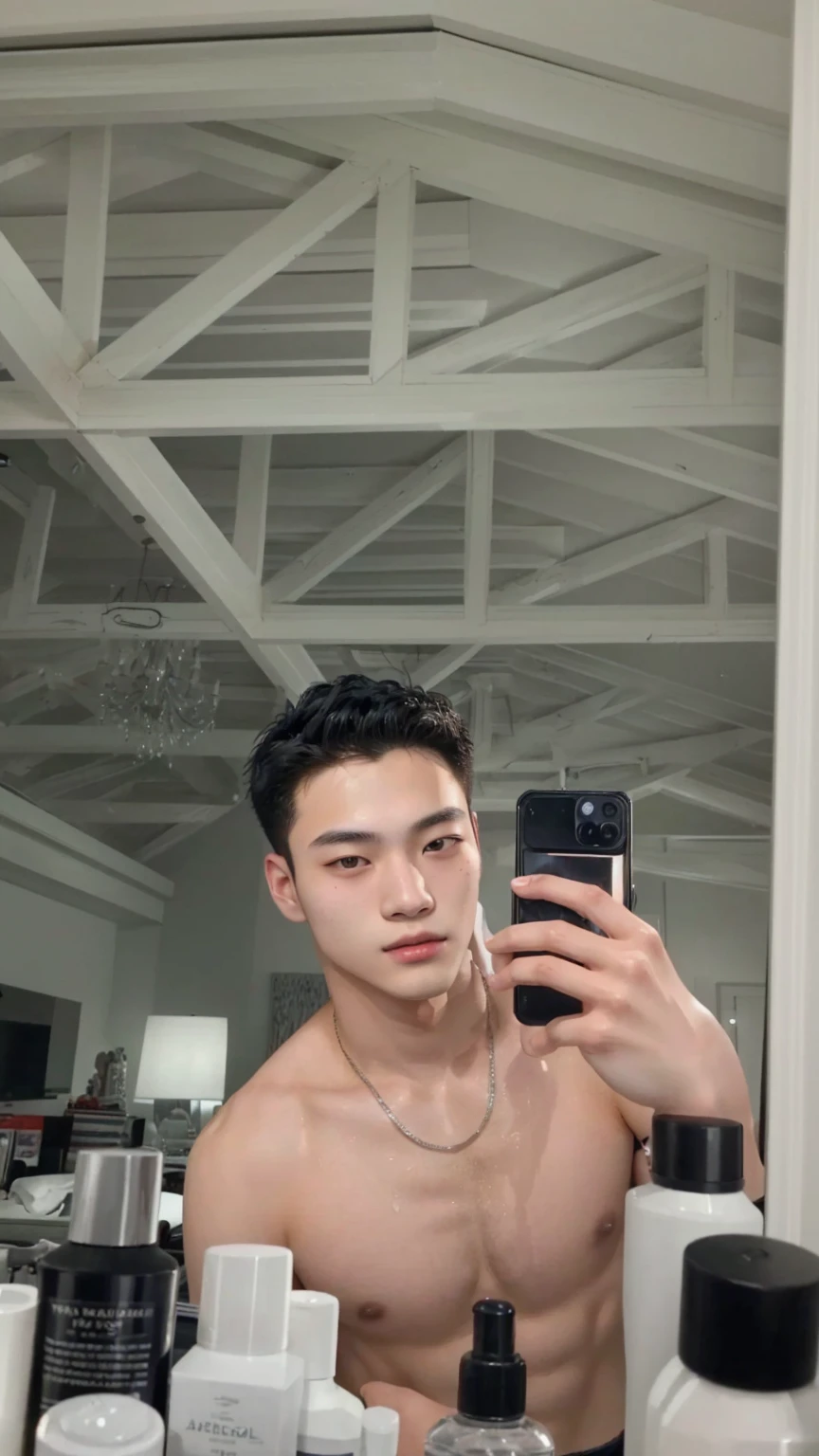 arafed man taking a picture of himself in a mirror, taken at the beginning of 2020, Taehyung Kim, wearing no shirt, 18 years old, perfect face and boy, 22 years old, 21 years old, mid shot of a handsome guy, Instagram Selfie, leaked image, 23 year old, Tommy 1 6 years