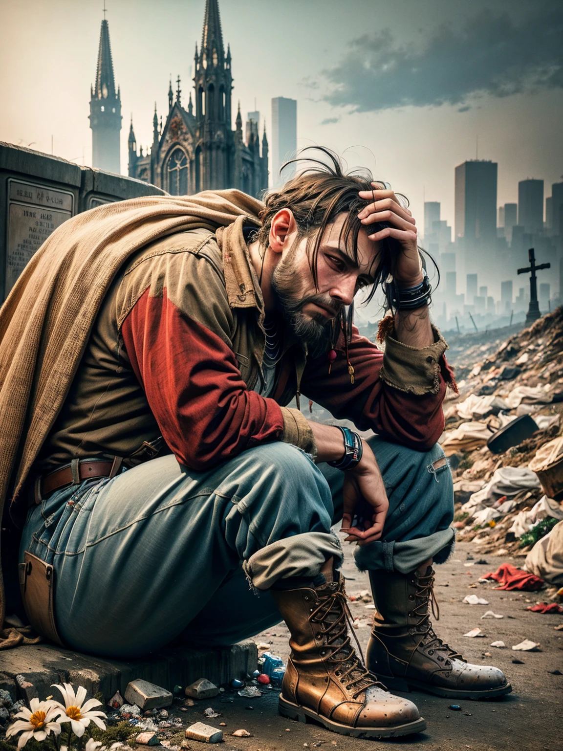 wasteland,A very poor old mech sitting on a rock thinking,Thinker,Hand on cheek,(Sitting:1.2),rust,Wearing tattered red armor,The skyline in the distance,Gothic,moss,A small white flower,Cemetery,Gothic Church,Blood red moon,Gothic Elements,wildfires,cold,gloomy