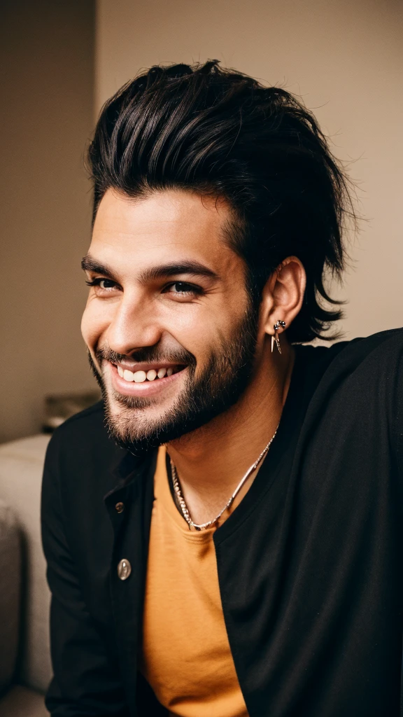 naughty man, in black clothes. Wearing earrings and smiling . selfe. naughty man