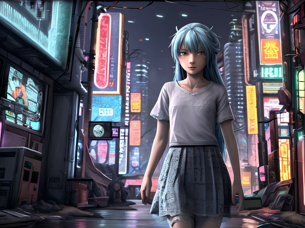 (masterpiece:1.2), best quality, highres, original, (extremely detailed:1.2), ultra-detailed, wallpaper, perfect lighting,(extremely detailed CG:1.2), 8k, anime illustration, 1boy, cross-dressing, femboy, long hair, light-blue hair, (cyberpunk fashion, short-sleeved T-shirt, knee-length skirt, lace hemline, delicate clothes:1.2),looking at viewer, frontal, futuristic city background, sci-fi city, (anatomically correct: 1.3)