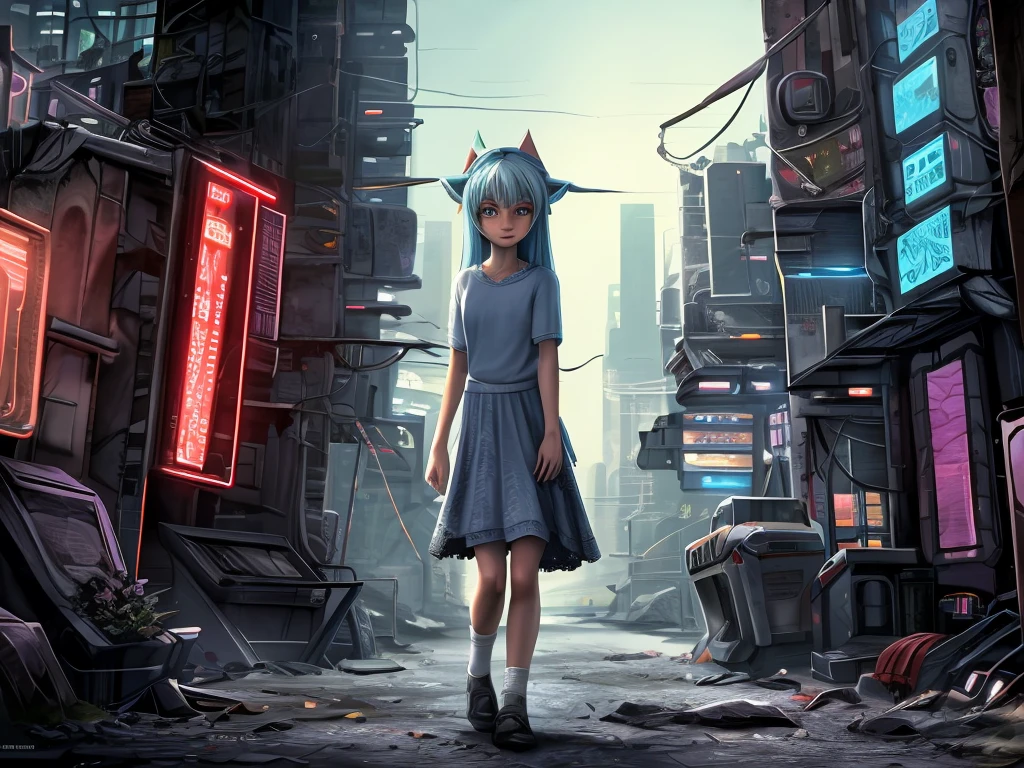 (masterpiece:1.2), best quality, highres, original, (extremely detailed:1.2), ultra-detailed, wallpaper, perfect lighting,(extremely detailed CG:1.2), 8k, anime illustration, 1boy, cross-dressing, femboy, long hair, light-blue hair, (cyberpunk fashion, short-sleeved T-shirt, knee-length skirt, lace hemline, delicate clothes:1.2),looking at viewer, frontal, futuristic city background, sci-fi city, (anatomically correct: 1.3)