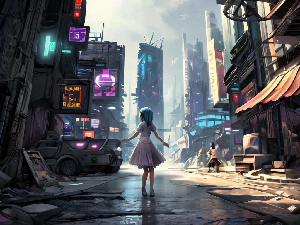 (masterpiece:1.2), best quality, highres, original, (extremely detailed:1.2), ultra-detailed, wallpaper, perfect lighting,(extremely detailed CG:1.2), 8k, anime illustration, 1boy, cross-dressing, femboy, long hair, light-blue hair, (cyberpunk fashion, short-sleeved T-shirt, knee-length skirt, lace hemline, delicate clothes:1.2),looking at viewer, frontal, futuristic city background, sci-fi city, (anatomically correct: 1.3)