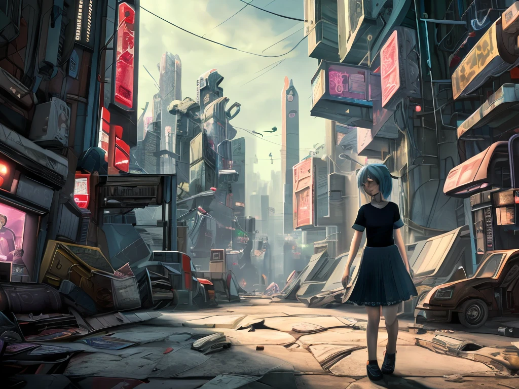 (masterpiece:1.2), best quality, highres, original, (extremely detailed:1.2), ultra-detailed, wallpaper, perfect lighting,(extremely detailed CG:1.2), 8k, anime illustration, 1boy, cross-dressing, femboy, long hair, light-blue hair, (cyberpunk fashion, short-sleeved T-shirt, knee-length skirt, lace hemline, delicate clothes:1.2),looking at viewer, frontal, futuristic city background, sci-fi city, (anatomically correct: 1.3)