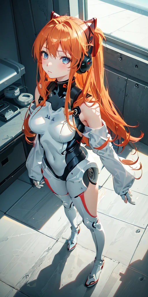 (Overhead view),dynamic angle,ultra-detailed, illustration, close-up, straight on, 1girl, 
 ((souryuu asuka langley, interface headset, red :1.4, blonde)),Her eyes shone like dreamy stars,(glowing eyes:1.233),(beautiful and detailed eyes:1.1),(expressionless,closed mouth),(standing), 
(mechanic room with toolsand spaceship windowin a white SPACESHIP),
(night:1.2),dreamy, [[delicate fingers and hands:0.55]::0.85],(detail fingers),