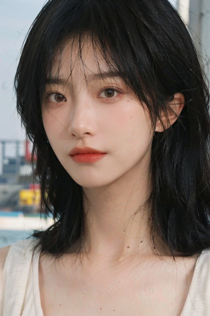 (Skin details:1.4), (Smooth skin texture:1.3), Direct vision, earrings, serene, calm, (Realistic and detailed eyes：1.2）, Natural skin texture, Realistic facial details, Soft dramatic lighting, Vivid details, 35 mm film, outdoor, (Photo actual:1.4), (hyper actual:1.4), (actual:1.3), (Smoother lighting:1.05), (Improve lighting quality:0.9), (Highest quality real skin textures:1.4), Exquisite eyes, Delicate face, (Close-up of face, (Enhance the beauty of skin texture:1.1), Hair details, Noble temperament, Normal body proportions, Seaside background, Portrait Photography, Depth of Field, Bokeh, Surrealism, Ray tracing, (Portrait Photography:1.1), Surrealism, high detail, chiaroscuro, ray tracing, reflection light, UHD, UHD, masterpiece, textured skin, super detail, high details, high quality, best quality