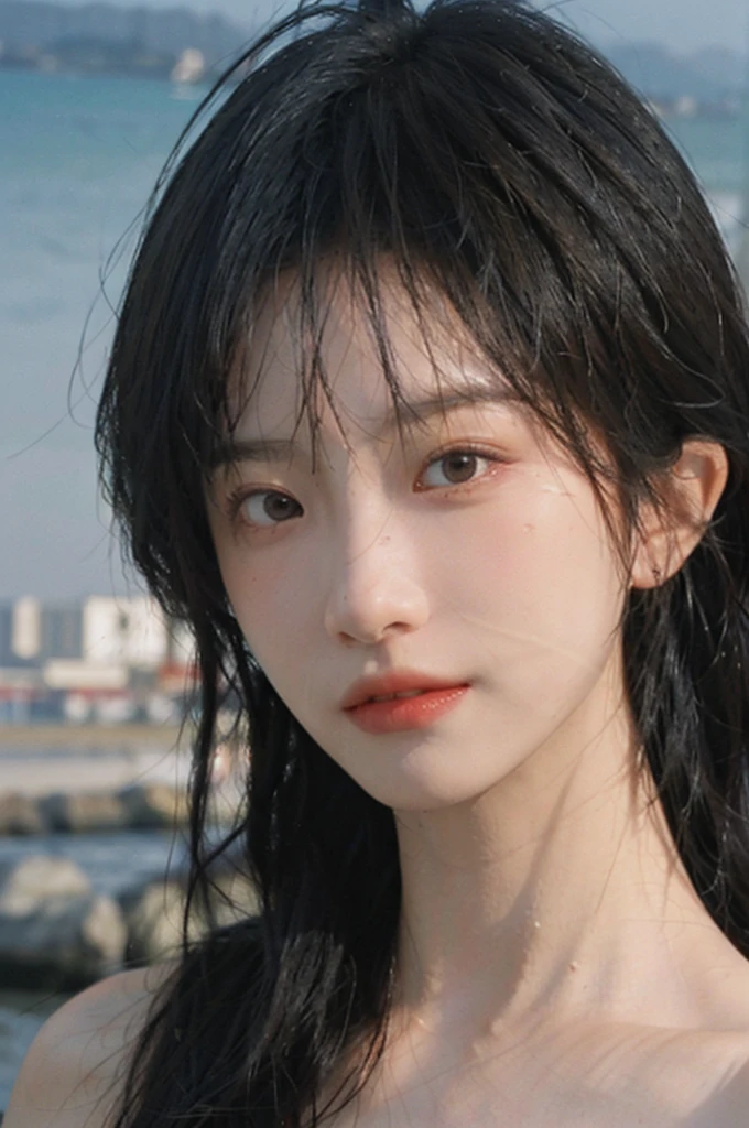 (Skin details:1.4), (Smooth skin texture:1.3), Direct vision, earrings, serene, calm, (Realistic and detailed eyes：1.2）, Natural skin texture, Realistic facial details, Soft dramatic lighting, Vivid details, 35 mm film, outdoor, (Photo actual:1.4), (hyper actual:1.4), (actual:1.3), (Smoother lighting:1.05), (Improve lighting quality:0.9), (Highest quality real skin textures:1.4), Exquisite eyes, Delicate face, (Close-up of face, (Enhance the beauty of skin texture:1.1), Hair details, Noble temperament, Normal body proportions, Seaside background, Portrait Photography, Depth of Field, Bokeh, Surrealism, Ray tracing, (Portrait Photography:1.1), Surrealism, high detail, chiaroscuro, ray tracing, reflection light, UHD, UHD, masterpiece, textured skin, super detail, high details, high quality, best quality