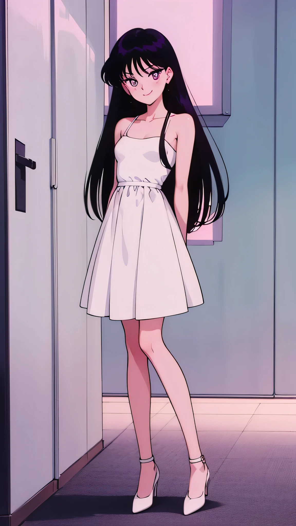 1 girl, solo, Rei Hino, Long Black Hair, Purple eyes, bare shoulders, a very short and tight white dress, low-cut dress, small breast, smile, ballroom, columns, cowboy shot, facing viewer, absurdres, ultra detailed, masterpiece, best quality, ager, window of a purple sundown, white high heels
