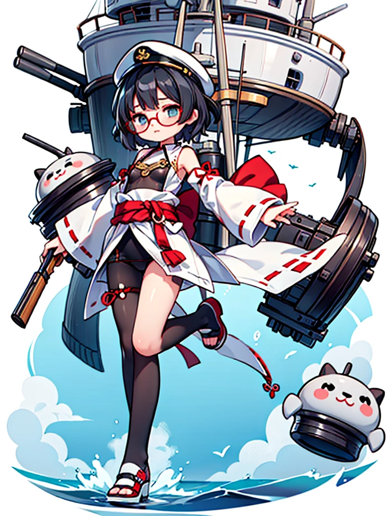 ((((Full body of a woman with perfect flat chest、solo、Short unkempt black hair、white military jacket、Miko costume、tights、Black glasses、White military cap、Cloudy eyes、Sleepy expression)))), (((masterpiece))), (((Shipgirl))), ((Floating on the morning sea with both feet)), (Spread your legs wide open), (Hold the turret with your right hand), (Mechanical arms extending from the waist are used to equip the ship with battleship equipment.), (Equipped with a turret on the back), (Holds the turret with his left arm), Shotgun shells are attached to the thigh with a belt, Spreading the Machine&#39;s Wings, Machine tail,  shotgun, 