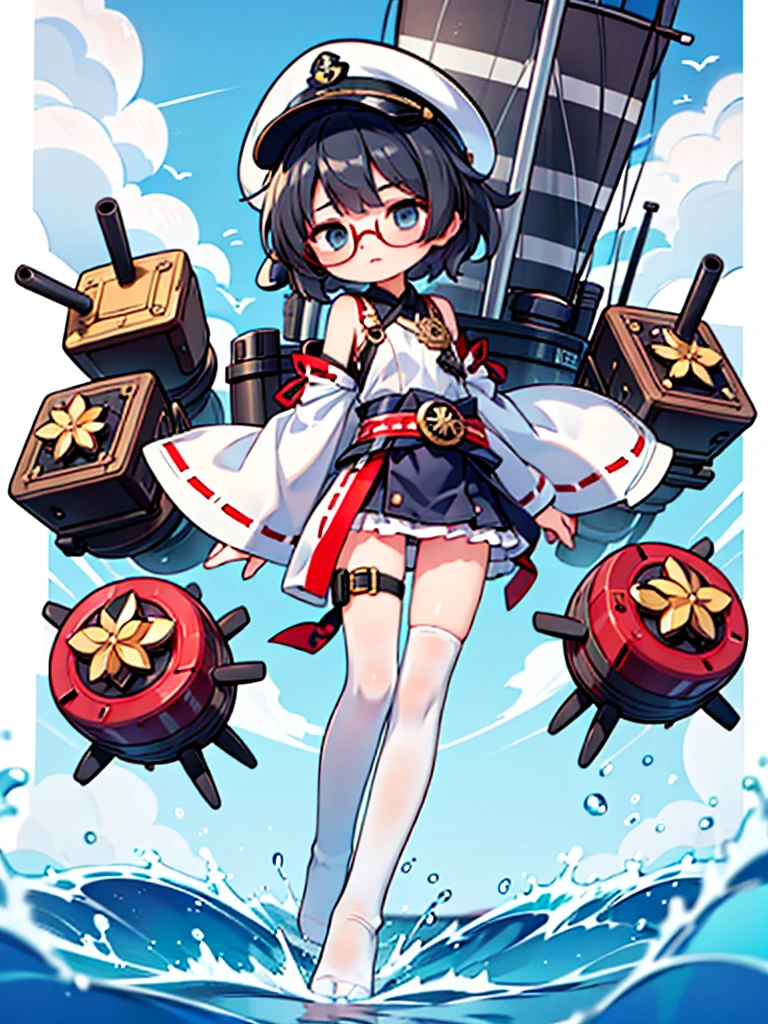 ((((Full body of a woman with perfect flat chest、solo、Short unkempt black hair、white military jacket、Miko costume、tights、Black glasses、White military cap、Cloudy eyes、Sleepy expression)))), (((masterpiece))), (((Shipgirl))), ((Floating on the morning sea with both feet)), (Spread your  open), (Hold the turret with your right hand), (Mechanical arms extending from the waist are used to equip the ship with battleship equipment.), (Equipped with a turret on the back), (Holds the turret with his left arm), Shotgun shells are attached to the thigh with a belt, Spreading the Machine's Wings, Machine tail,  shotgun, 