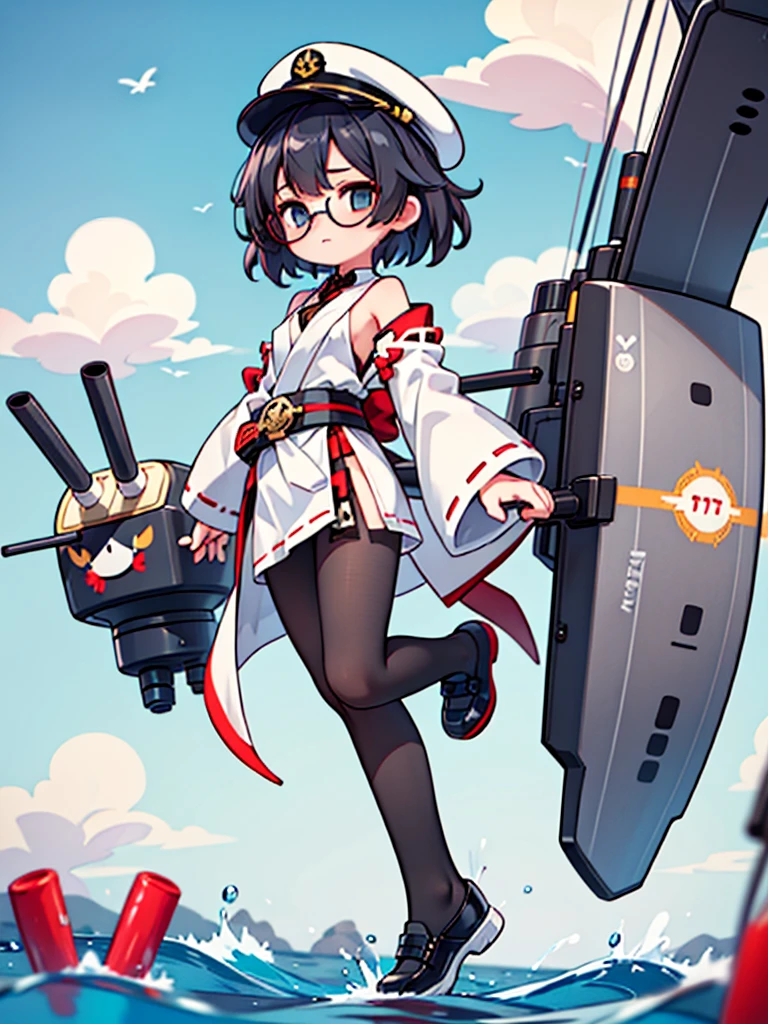((((Full body of a woman with perfect flat chest、solo、Short unkempt black hair、white military jacket、Miko costume、tights、Black glasses、White military cap、Cloudy eyes、Sleepy expression)))), (((masterpiece))), (((Shipgirl))), ((Floating on the morning sea with both feet)), (Spread your legs wide open), (Hold the turret with your right hand), (Mechanical arms extending from the waist are used to equip the ship with battleship equipment.), (Equipped with a turret on the back), (Holds the turret with his left arm), Shotgun shells are attached to the thigh with a belt, Spreading the Machine's Wings, Machine tail, shotgun,