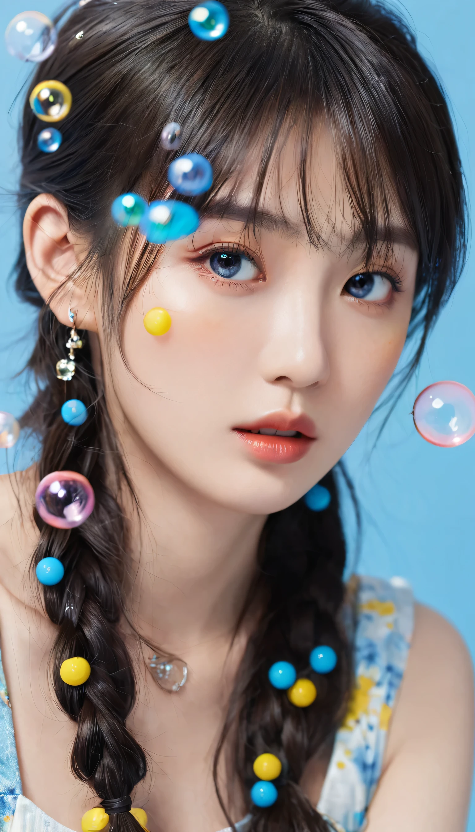 (masterpiece), (best quality), (Extremely detailed),(Disk hair),(illustration), (1 Girl), (Fashion), permanent, fashion model, Looking at the audience, (interview), (Simple background), Beautiful and delicate eyes, Exquisite beauty, floating, (High Saturation), (Colorful splash), Colored bubbles, (shine), Focus on the face, Ponytail, Kamisato Ayaka, Light blue hair, Bangs, Hair ring, floating flowers, Flowing hair, (shining), Optimal lighting, The best shadow, whole body, Vista
