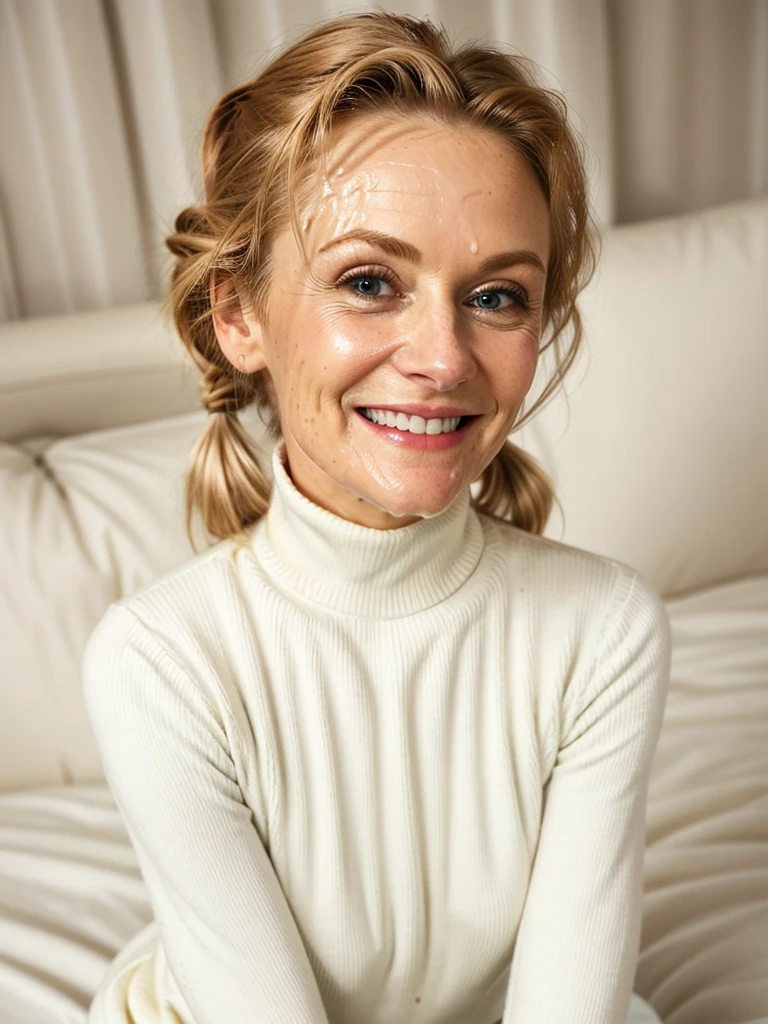 photo of a skinny very old wrinkly-faced faced mature blonde messy long hair thrown into a messy bun ponytail. She wears: (turtleneck soft high ribbed bright red super tight sweater:1.1), submissive seductive pose, high tight ribbed neck, seductive smile, perfect fake tits, horny eager granny, teasing sexy old lady, cum on her face, drenched in cum facial